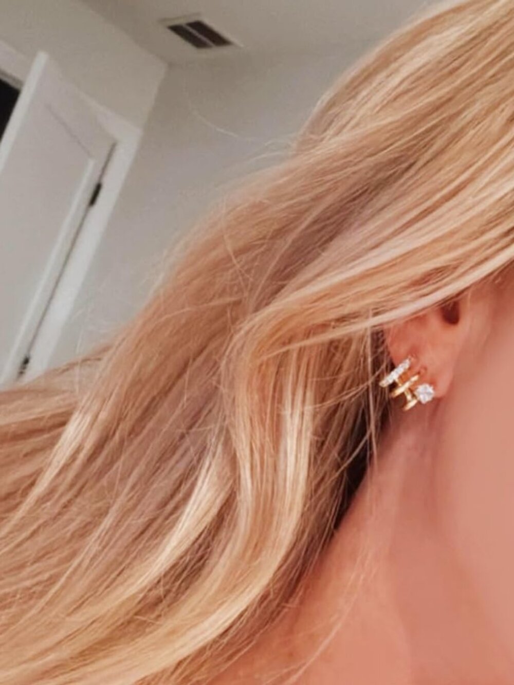14k Gold Plated Illusion Stud Earrings For Women | Triple Huggie Hoop Earrings F View 4